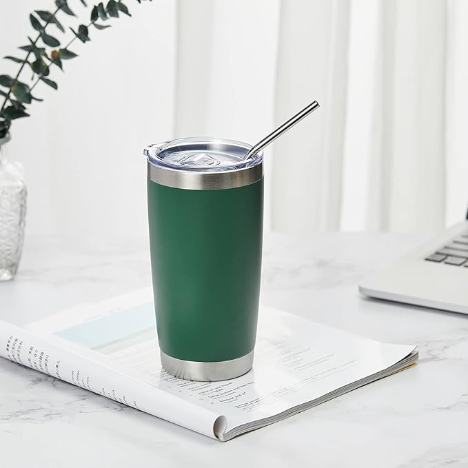 COMOOO 20oz Double Wall Vacuum Insulated Travel Mug Bulk Stainless Steel Tumbler with Lid and Straw Durable Powder Coated Insulated Coffee Cup for Cold & Hot Drinks Green 12 pack