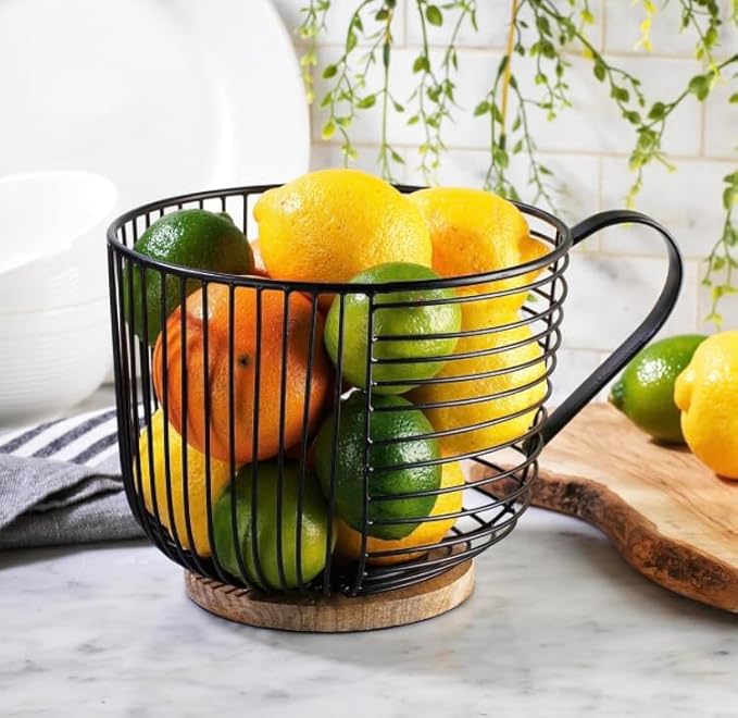 Coffee Pod Holder - Large Capacity Black Wire K Cup Storage with Wooden Base - Modern Coffee Basket Decor for Kitchen Countertop for Keurig Kcups & Espresso Capsules