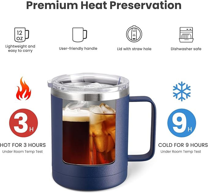 MEWAY 12oz Coffee Mug With Handle 2 Pack Bulk,Stainless Steel Insulated Travel Tumblers With Sliding Lid,Double Wall Vacuum Camping Cup for Hot & Cold Drinks Tea (Multicolor,Set of 2)