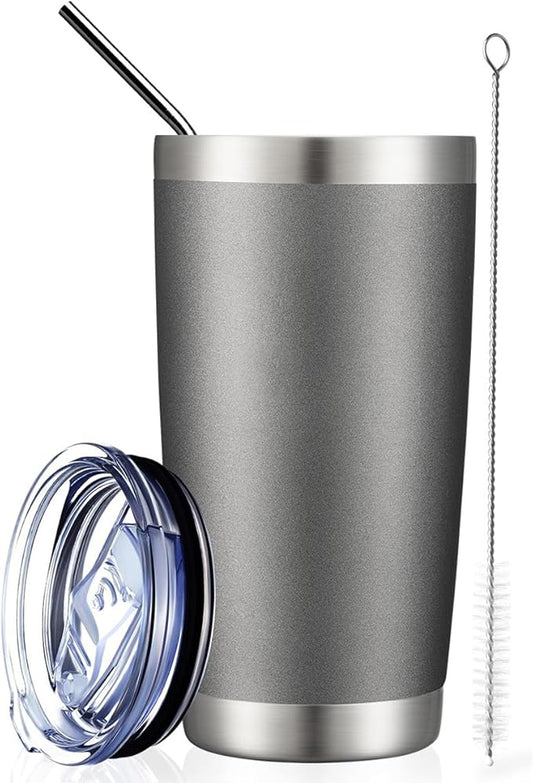 COMOOO 20oz Double Wall Vacuum Insulated Travel Mug, Stainless Steel Tumbler with Lid, Durable Powder Coated Insulated Coffee Cup for Cold & Hot Drinks (Cold Grey, 1 Pack)