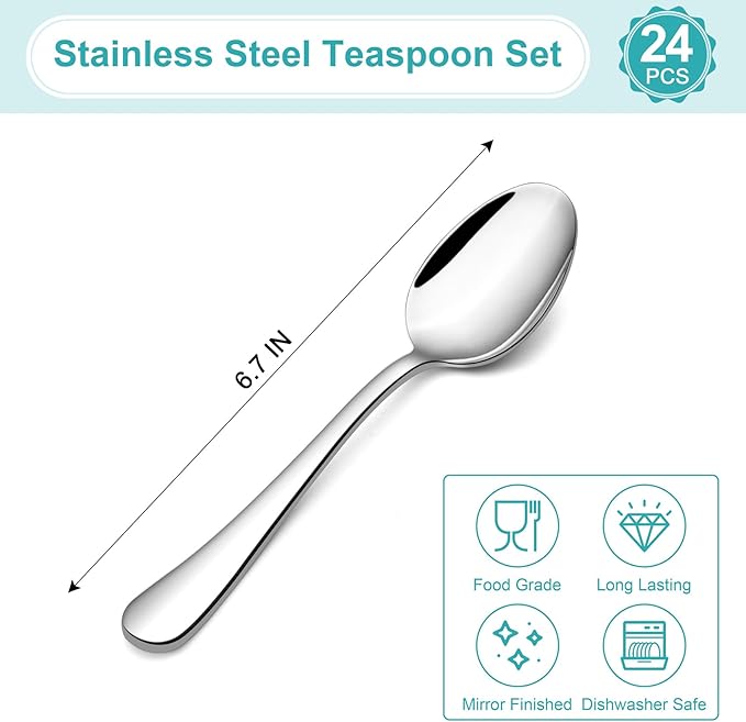TeamFar Teaspoon Set of 24, 6.7 Inch Stainless Steel Mini Tea Spoons, Small Spoon Silverware for Coffee Tea Soup Dessert, Non-Toxic & Heavy Duty, Mirror Polished & Dishwasher Safe