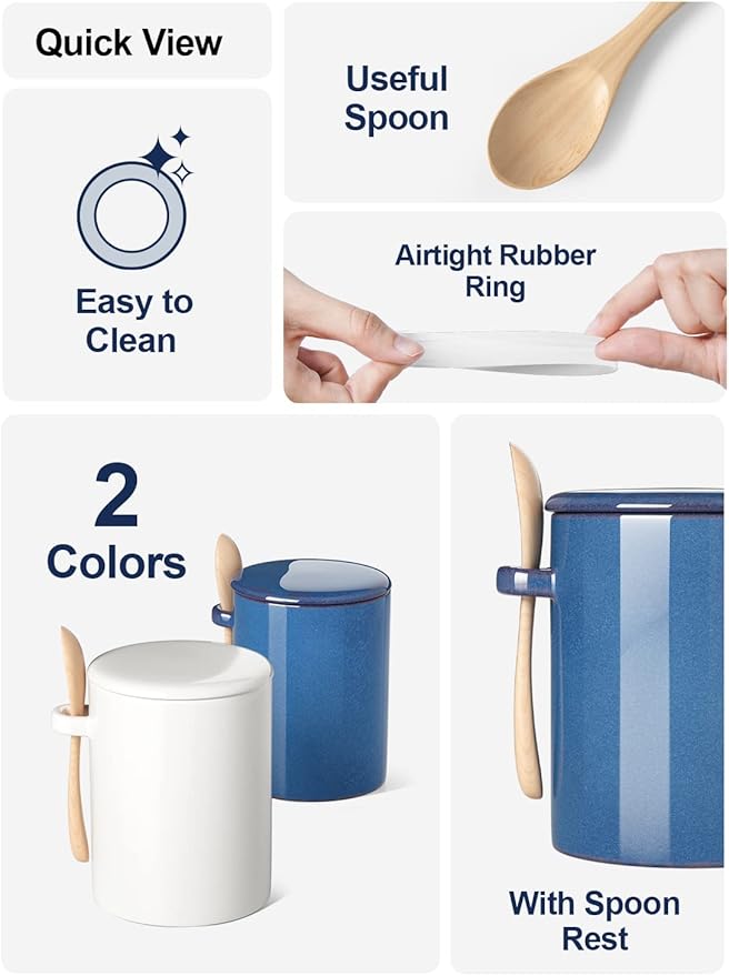 LE TAUCI Sugar Bowl with Lid and Spoon, Ceramic Salt Container, Small Sugar Jar for Kitchen, Coffee bar, Countertop - 12 oz, Set of 2, Ceylon Blue