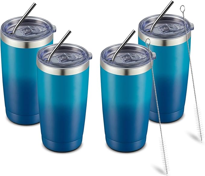 COMOOO 20oz Tumbler with Straw Stainless Steel Insulated Coffee Tumbler Cups Double Wall Vacuum Travel Coffee Mug with Splash Proof Sliding Lid for Hot Cold Drinks (Dark Night, 4 Pack)