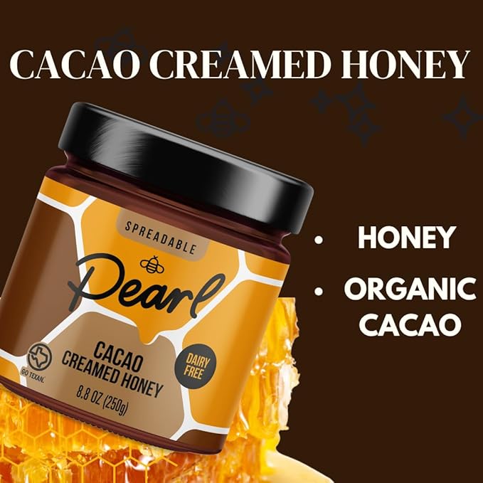 Pearl Honey Spreads - Organic Cacao Chocolate Flavored Creamed Raw Honey - Chemical Free, Soy Free & 100% Natural Raw Honey | 8.8oz Jar