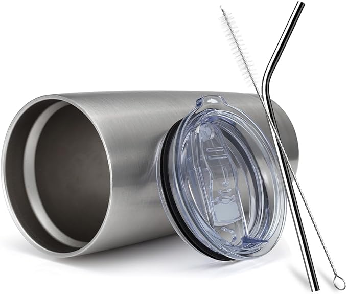 COMOOO 20oz Stainless Steel Tumbler Bulk Double Wall Vacuum Coffee Cup Insulated Travel Mug with Lid and Straw Durable Powder Coated Insulated Coffee Cup for Cold & Hot Drinks (silver, 6 pack