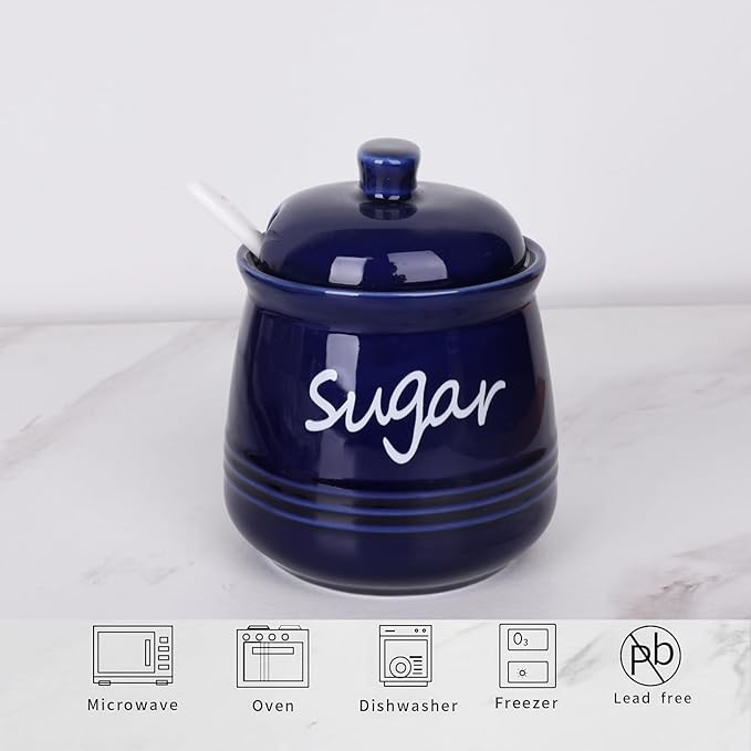 HAOTOP 12oz Sugar Bowl with Lid and Spoon,Ceramic Sugar Jar Sugar Dispenser Sugar Container Coffee Bar Accessories, Kitchen Countertop Canisters, Navy