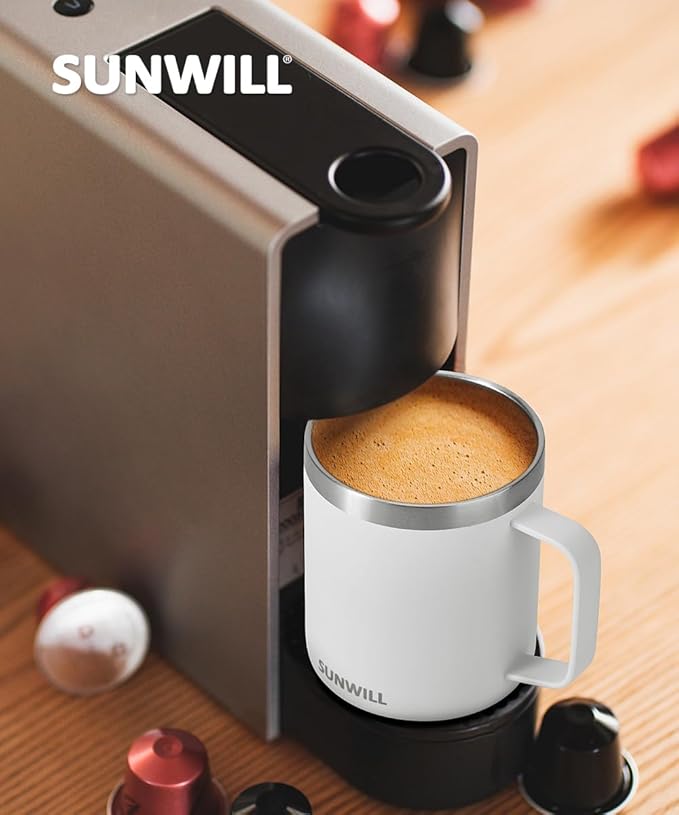 SUNWILL Insulated Coffee Mug with Lid, Travel Tumbler with Handle, 14 oz Stainless Steel Cup for Camping, Office, Home, Powder Coated White