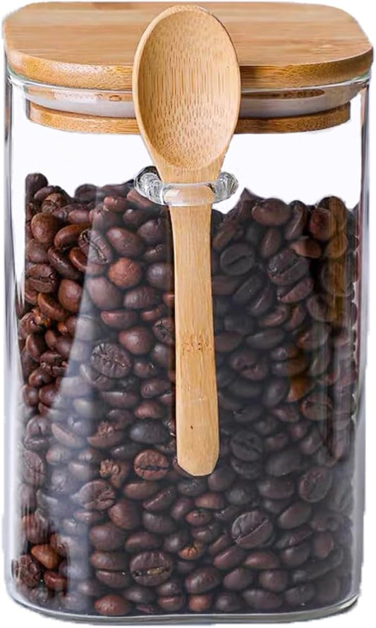 CNWSGEM Sugar Bowls Sugar Container 25.36 FL OZ Glass Coffee Canister Airtight Food Storage Jar with Lid and Spoon Candy Jar Coffee Bar Accessories Storage Beans Powder (Square)