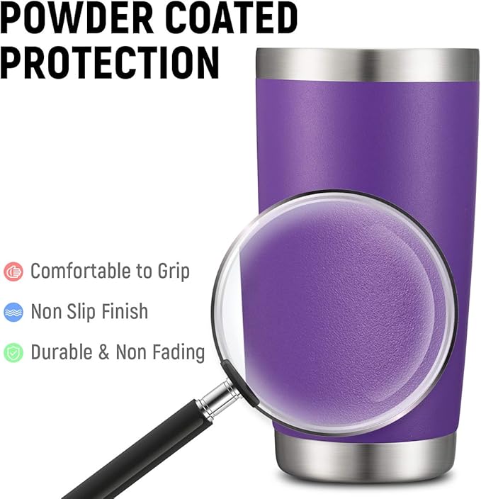 COMOOO 20oz Double Wall Vacuum Insulated Travel Mug Bulk Stainless Steel Tumbler with Lid and Straw Durable Powder Coated Insulated Coffee Cup for Cold & Hot Drinks (Purple, 12 Pack