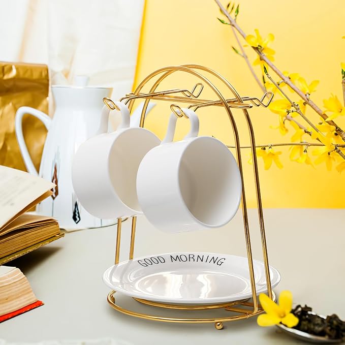 jojofuny Golden Mugs Display Holder Stand with 4 Hook: European Style Coffee Tea Cup Stand for Countertop - Mugs Rack Organizer for Home Bar Accessories