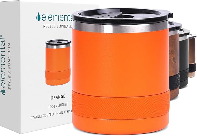 Elemental Recess Lowball Tumbler, 10oz Triple Wall Stainless Steel Cup with Non-Shattered Tritan Lid, Insulated Whiskey Glass, Insulated Coffee Tumbler Mug for Hot & Cold Drinks - Orange