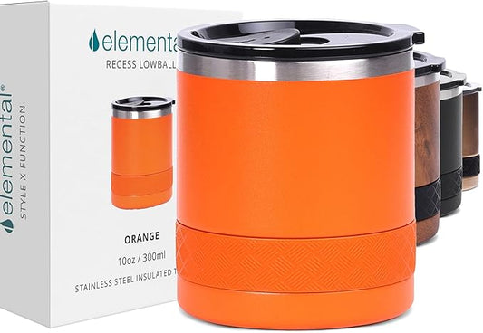 Elemental Recess Lowball Tumbler, 10oz Triple Wall Stainless Steel Cup with Non-Shattered Tritan Lid, Insulated Whiskey Glass, Insulated Coffee Tumbler Mug for Hot & Cold Drinks - Orange