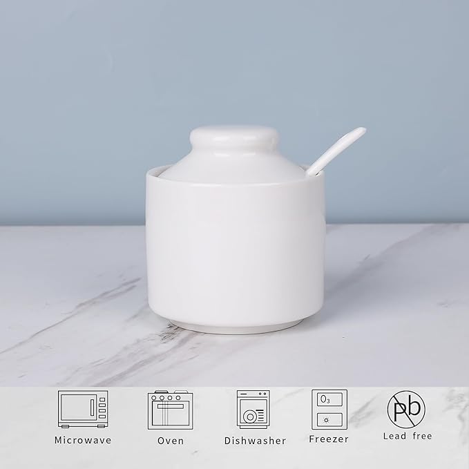 HAOTOP 8 oz Sugar Bowl with Lid and Spoon,Ceramic Sugar Jar Sugar Dispenser Sugar Container Coffee Bar Accessories, Kitchen Countertop Canisters (White)