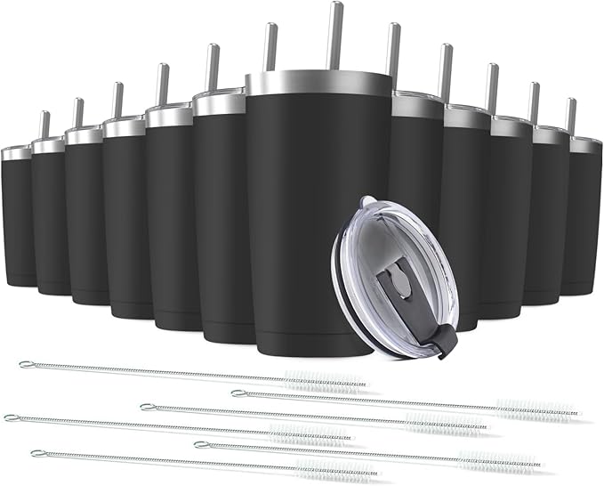 12 pack 20 oz Stainless Steel Insulated Tumbler with Straw and Lid, Double Wall Travel Coffee Mug Vacuum Insulated Bulk Tumbler, Suitable for Vehicle Cup Holders （Black）