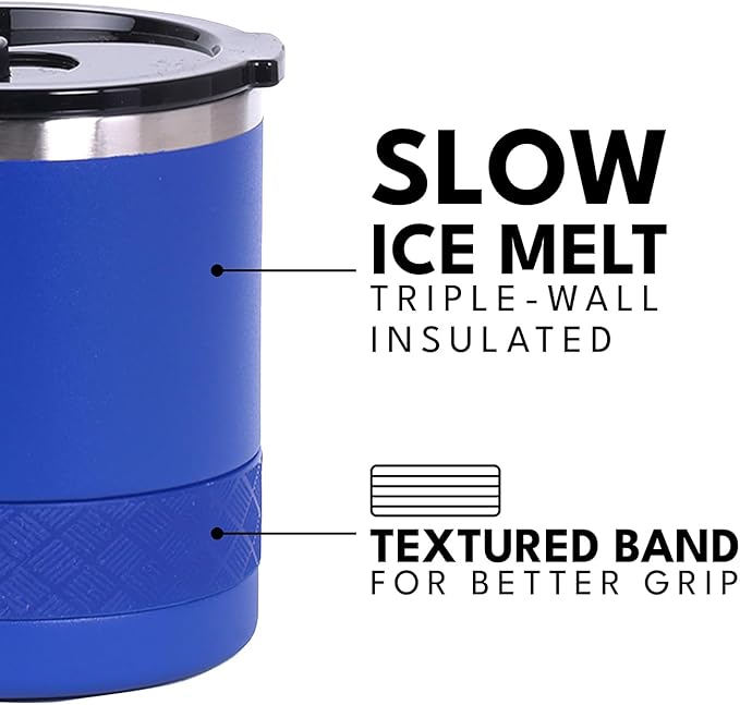 Elemental Recess Lowball Tumbler, 10oz Triple Wall Stainless Steel Cup with Non-Shattered Tritan Lid, Insulated Whiskey Glass, Insulated Coffee Tumbler Mug for Hot & Cold Drinks - Royal Blue