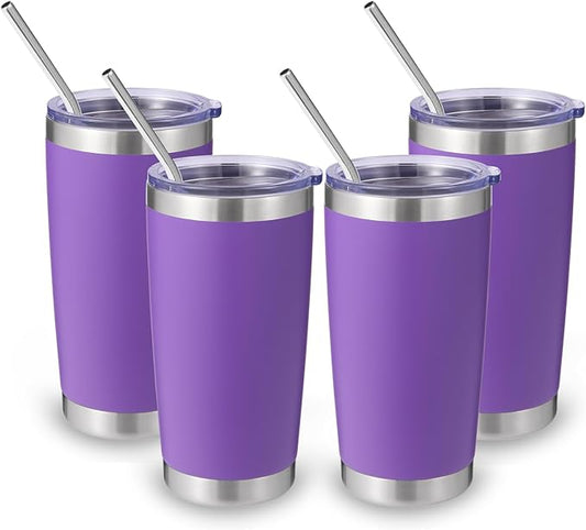 Volhoply 20oz Stainless Steel Tumbler with Lid and Straw Bulk 4 Pack,Double Wall Insulated Travel Iced Coffee Mug Fits Cup holder,Powder Coated Cups for Hot/Cold Drinks,Gifts for Women（Purple,4 Set）