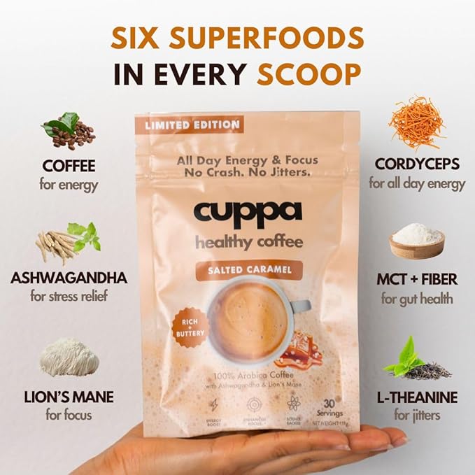 Cuppa Salted Caramel Healthy Mushroom Insant Coffee with Lion's Mane & Ashwagandha for All Day Energy & Focus - No Crash or Jitters - Nootropics for Brain Health, Gut Health, Immunity, Stress, Memory + Mood (30 Servings, Medium Roast)