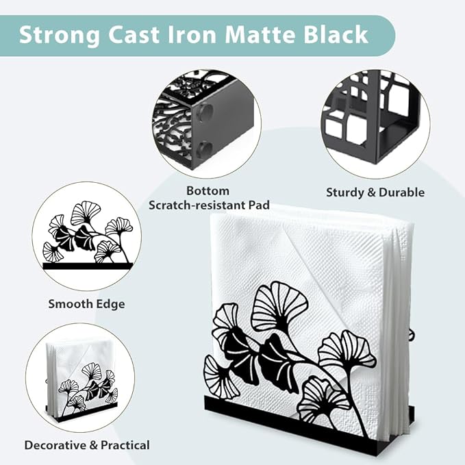 Modern Ginkgo Leaves Decorative Black Metal Napkin Holder for Table, 4.9" x 4.9" x 1.9" Standing Napkin Holder for Home Kitchen Restaurant Picnic Party Coffee Bar Dining Room