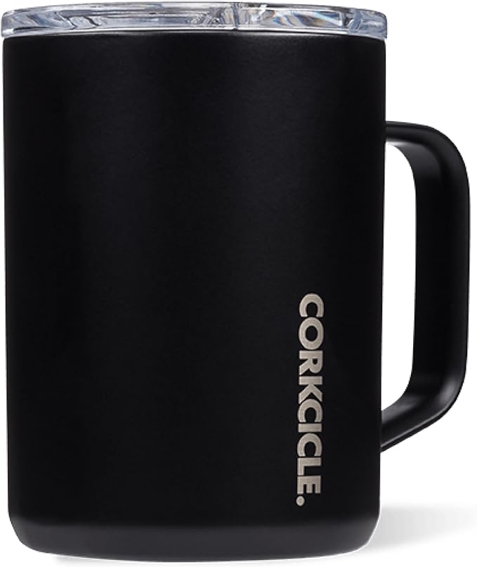Corkcicle Classic Coffee Mug - Triple Insulated Stainless Steel for Travel - Shatter-Proof Lid - Easy Grip - Keeps Drink Hot Over 3 Hours - Holiday Mug Gift - Great for Gifting Warmth - 16 oz - Black