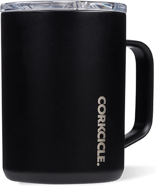 Corkcicle Classic Coffee Mug - Triple Insulated Stainless Steel for Travel - Shatter-Proof Lid - Easy Grip - Keeps Drink Hot Over 3 Hours - Holiday Mug Gift - Great for Gifting Warmth - 16 oz - Black