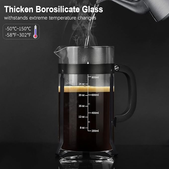 QUQIYSO French Press Coffee Maker 34oz 304 Stainless Steel French Press with 4 Filter, Heat Resistant Durable, Easy to Clean, Borosilicate Glass Coffee Press, 100% BPA Free Glass Teapot, Black