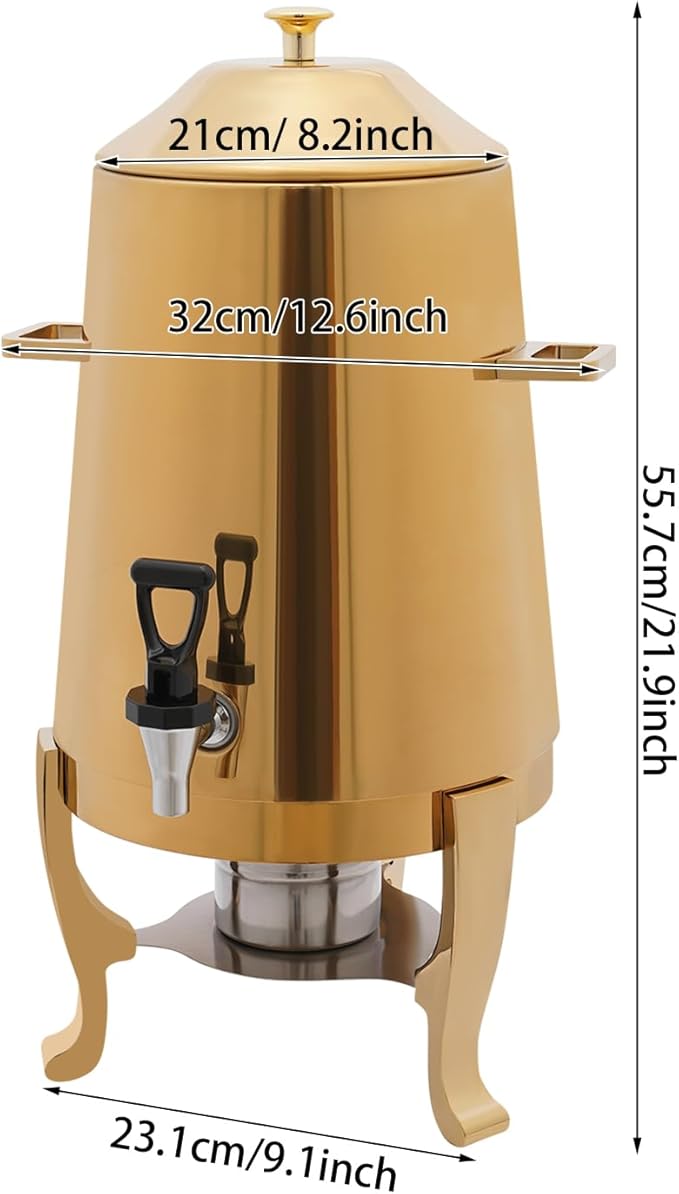 Stainless Steel Beverage Dispensers, Drink Dispenser with Fuel Holder & Base & Stainless Steel Faucet 3.4Gal Hot Beverage Dispenser, Commercial Coffee Urn for Hotels, Canteens（All Gold）
