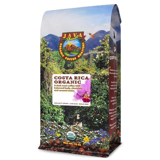 Low Acid Organic Coffee – Whole Bean, Mold-Free & Stomach Friendly by Java Planet, Costa Rican Single Origin Coffee, Dark Roast, Smooth Full Flavored, 1LB Bag