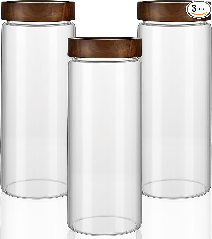 3 Pack 50 oz/1500 ml Clear Glass Storage Canister with Airtight Wooden Screw On Lid, Large Tall Decorative Glass Container Jar Set for Coffee, Nut, Tea, Candy, Cookie, Cereal, Sugar, Flour