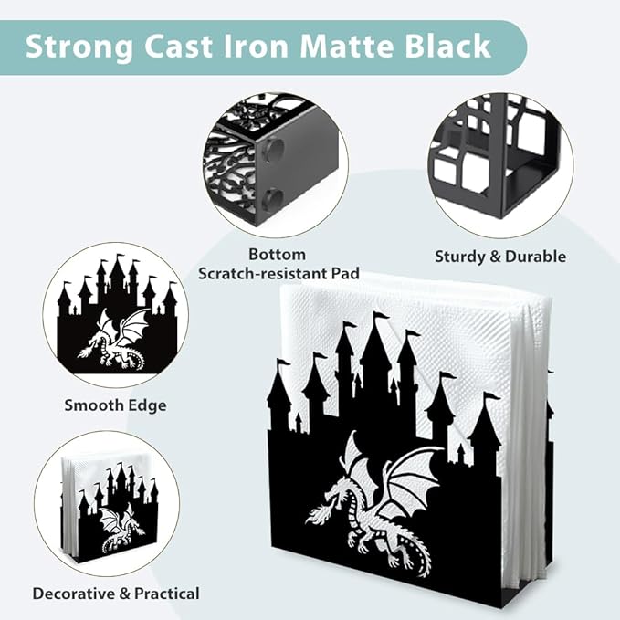 Dragon in Castle Decorative Black Metal Napkin Holder for Table, 4.9" x 4.9" x 1.9" Standing Napkin Holder for Home Kitchen Restaurant Picnic Party Coffee Bar Dining Room