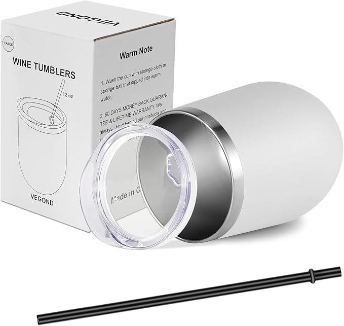 VEGOND 12oz Stainless Steel Wine Tumbler with Lid and Straw, Double Wall Vacuum Insulated Stemless Wine Glass Tumbler Cup, Coffee Mug for Cold Hot Drinks