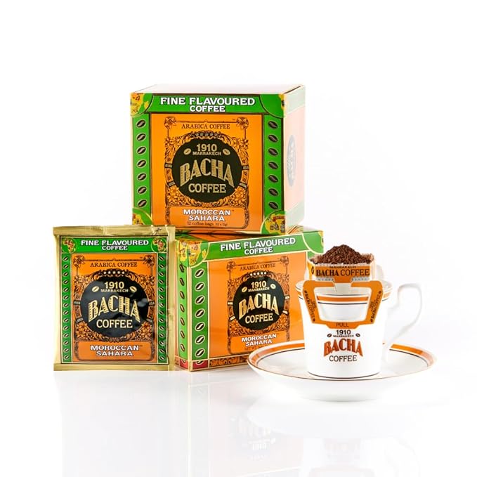 Bacha Coffee | Moroccan Sahara Fine Flavoured, 100% Arabica Specialty Coffee Beans, Medium Roast, x12 Individually Wrapped Single Serve Filter Bags