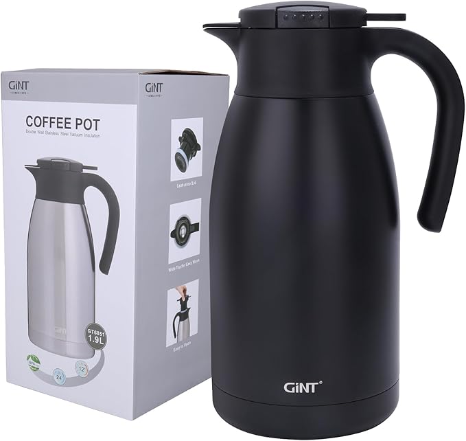 GiNT 1.9L / 64Oz Thermal Coffee Carafe, Insulated Stainless Steel Coffee Carafes for Keeping Hot/Double Walled Vacuum Thermal Carafe (Black)