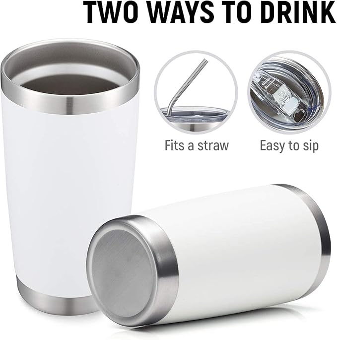 COMOOO 20oz/8Pack White Tumbler Double Wall Vacuum Insulated Coffee Travel Mug Stainless Steel Tumbler Bulk with Lid and Straw Powder Coated Insulated Coffee Cup for Cold & Hot Drinks (White, 8 Pack)