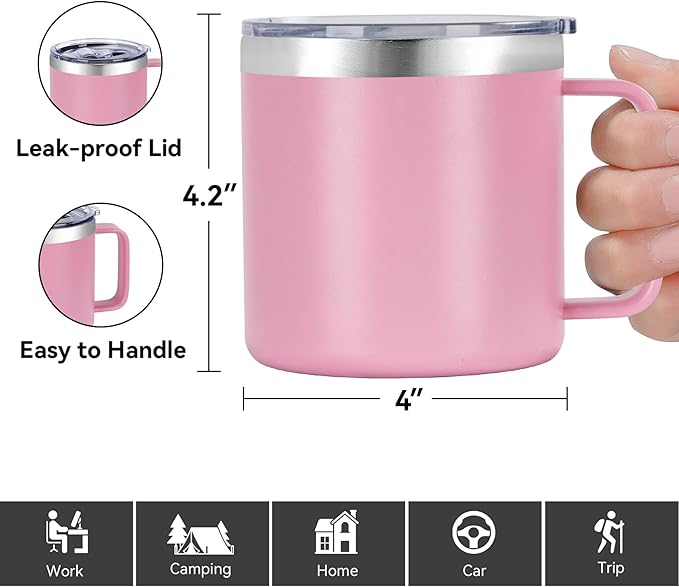VEGOND 14 oz Insulated Coffee Mug Bulk with Handle, Stainless Steel Travel Coffee Mug with Lid, Double Wall Vacuum Metal Coffee Cup, Coffee Tumbler Powder Coated, Pink 8 Pack