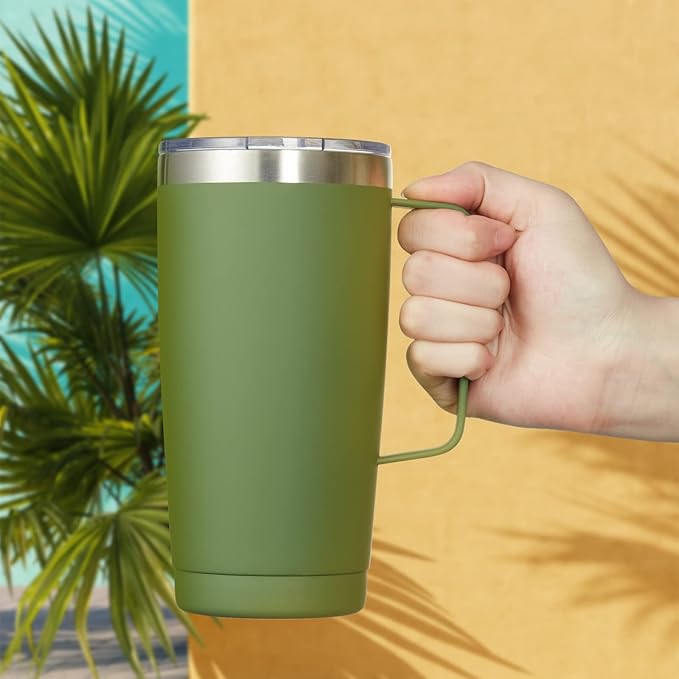 CIVAGO Travel Coffee Mug with Handle, 20 oz Insulated Tumbler with Lid and Straw, Stainless Steel Double Wall Vacuum Coffee tumbler, Thermal Coffee Cup, Army Green
