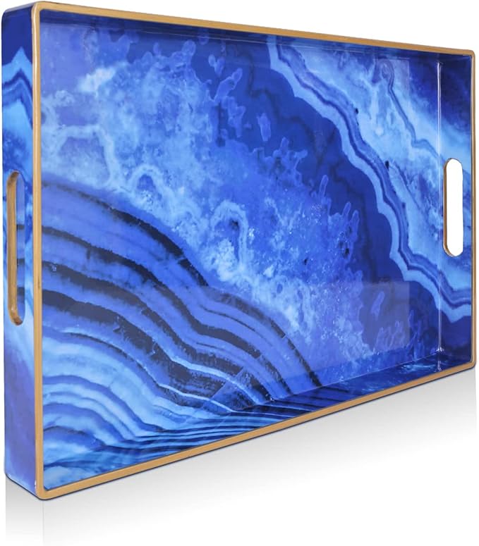 Gifturbo Blue Marble Serving Tray,Decorative Serving Trays with Handles,Coffee Table Tray Ottoman Rectangular Plastic Trays with Gold Rim for Living Room, Bathroom,15.7 x 10.2 x1.37 inches