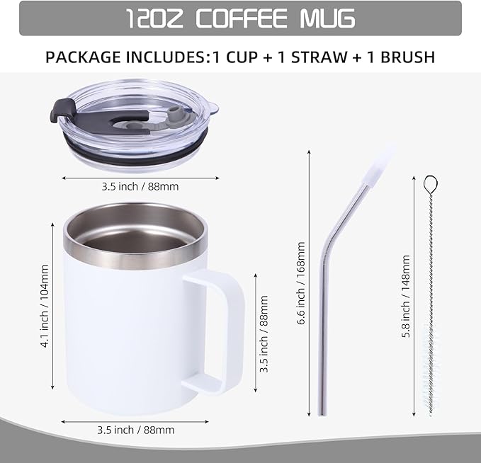 Volhoply 12oz Insulated Leakproof Coffee Mug with Flip & Straw Lid Bulk 4 Pack,Not Suitable for Sublimation,Double Wall Vacuum Stainless Steel Travel Tumbler Cup with Handle(White,4 Set)