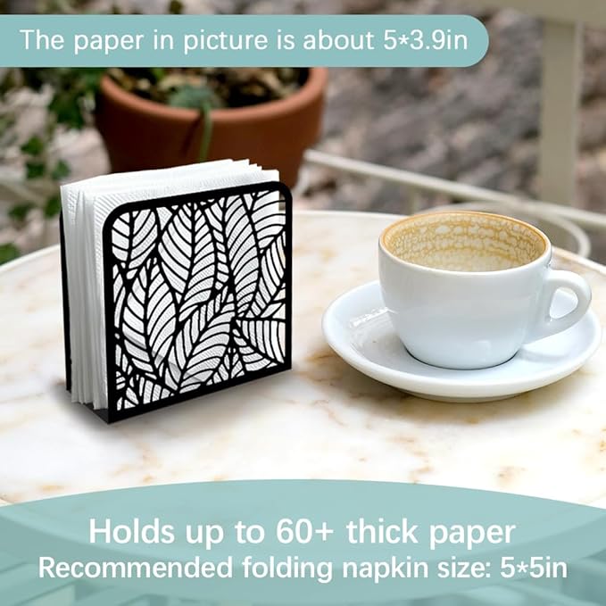 Morden Leaf Decorative Black Metal Napkin Holder for Table, 4.9" x 4.9" x 1.9" Standing Napkin Holder for Home Kitchen Restaurant Picnic Party Coffee Bar Dining Room