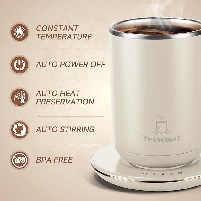 Automatic Self Stirring Coffee Mug with Temperature Control,Type-C Magnetic Mixing Cup,3 Heat Levels,8-Hour Shut-Off,USB Rechargeable Stainless Steel Smart Mug for Tea Milk Protein Shakes White 11oz