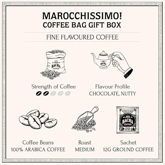 Bacha Coffee | Marocchissimo! Fine Flavoured, 100% Arabica Specialty Coffee Beans, Medium Roast, x12 Individually Wrapped Single Serve Filter Bags