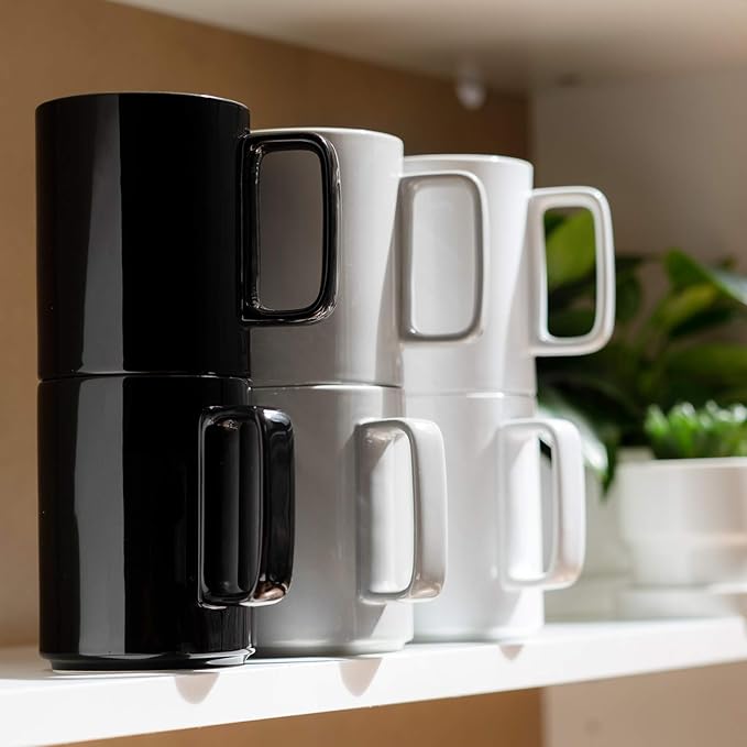 E-liu Porcelain Tea Mugs Coffee Mug Set, Large 15 Ounces Cups for Coffee, Tea, Cocoa, and Mulled Drinks, Set of 6, BlacK White Grey