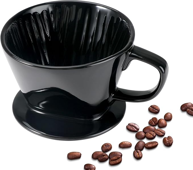Mongdio Pour Over Coffee Maker, Ceramic Pour Over Dripper, Coffee Pour Over with 3 Holes Flat Bottom, Coffee Accessories for Home, Size 02 Black