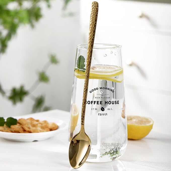 8.4-Inch Hammered Golden Ice Tea Spoons - Long Handle for Coffee, Ice Cream, Cocktail Stirring - Stainless Steel Set of 8