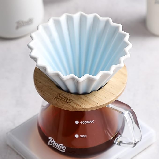 Bincoo Ceramic Coffee Dripper,Pour Over Coffee Dripper with Wood Stand, Flower-shape for 1-2 Cups Slow Brewing Maker for Home Cafe (Blue)