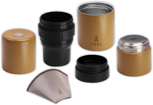 VSSL - Nest Pour Over Coffee Kit | Coffee Maker for Camping | All-In-One Travel Pour Over | Transportable Dripper, Two 10oz Stainless Steel Travel Mugs | Compact Storage & Adventure Ready | Sahara