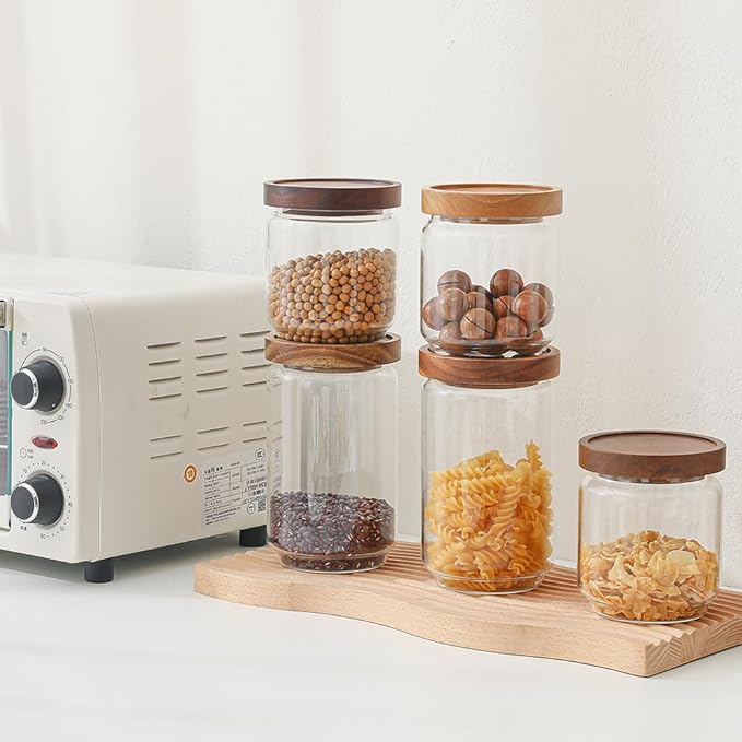 25 OZ Glass Jars 6 Pack with 112 Labels, Clear Glass Storage Containers Food Canisters with Wood Lids