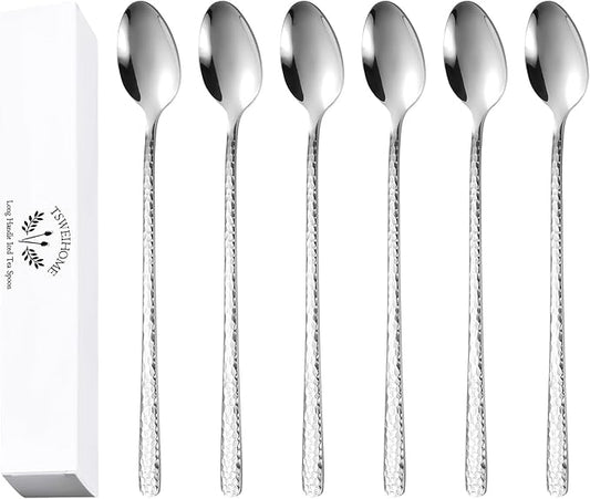 8.4-Inch Hammered Ice Tea spoon Long Handle, Coffee Spoon, Ice Cream spoons, Stainless Steel Cocktail Stirring Spoons, Tea spoon，Set of 6