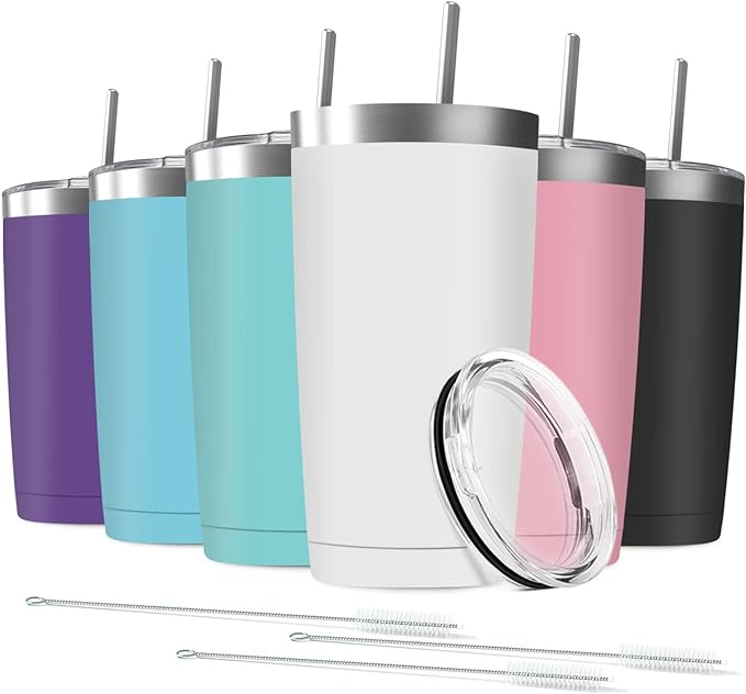 6 Pack 20 oz Stainless Steel Insulated Tumbler with Straw and Lid, Double Wall Travel Coffee Mug Vacuum Insulated Bulk Tumbler, Suitable for Vehicle Cup Holders(Assorted Colors)
