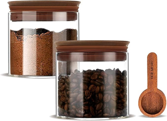 17 oz Coffee Canister with Scoop and Wooden Lids, Airtight Glass Coffee Beans Storage Container Sets of 2 for Ground Coffee,Food Storge Jars for Ground Coffee Bar Cereal Snack