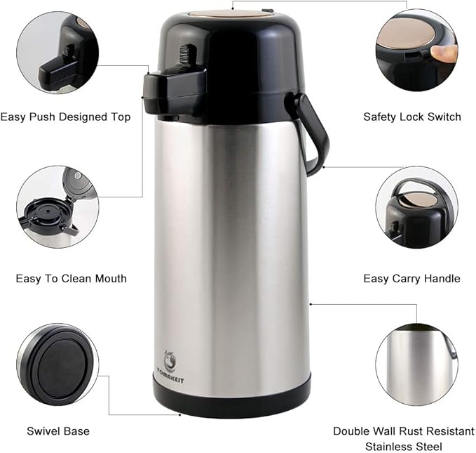 Airpot Coffee Carafe for Keeping Hot,102oz/3L Coffee Dispenser Thermal with Pump,Insulated Stainless Steel Hot Beverage Dispenser for Parties,Thermal Carafe for Hot Drinks Water Tea Chocolate